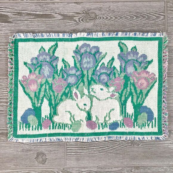 Vintage Bunny Rabbit Tulips Woven Placemat Fringe AMES Easter Floral Holiday - Picture 1 of 7